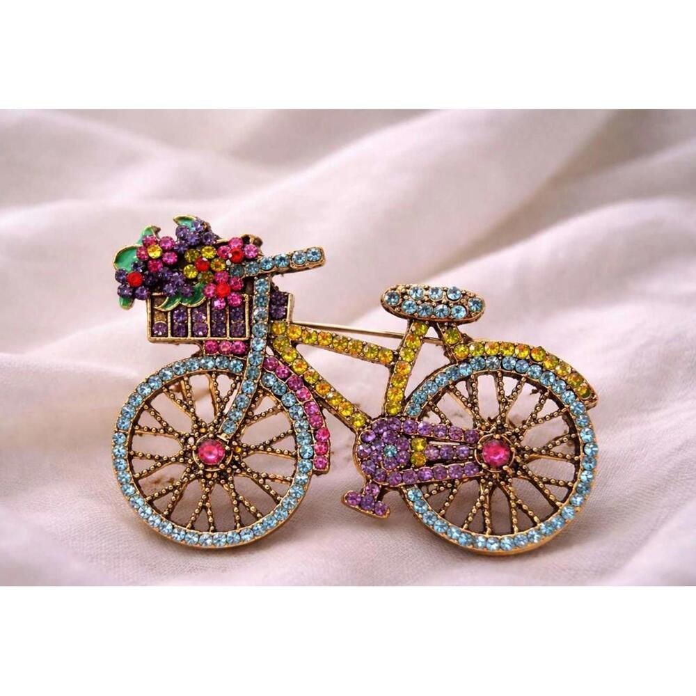 Rhinestone Bicycle Brooch Flower Basket Gold Tone Colorful Crystal FREE SHIPPING